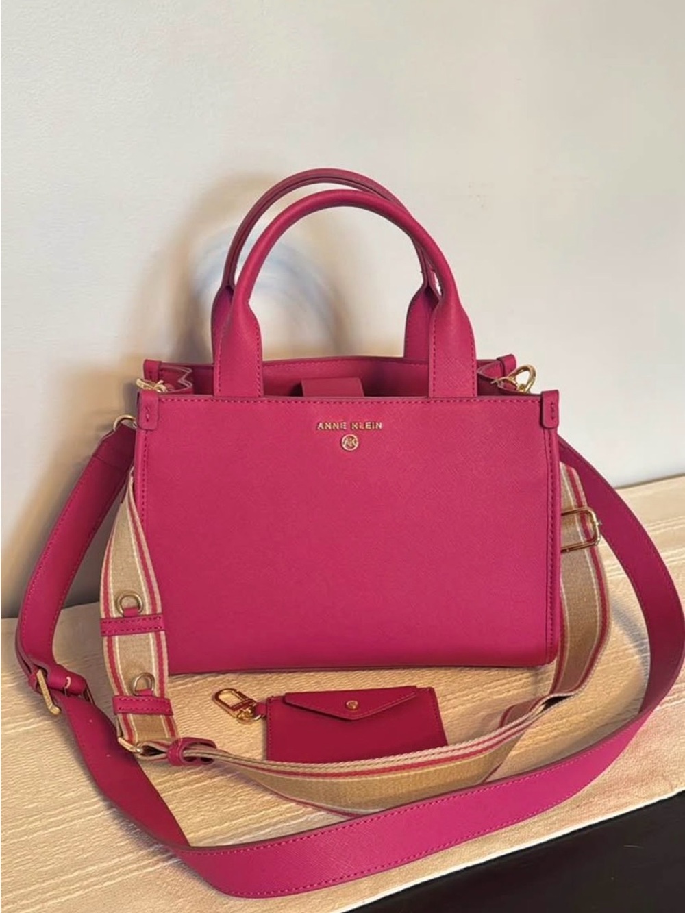 Anne Klein Fuchsia Saffiano Satchel with Removable Strap & Card Pouch